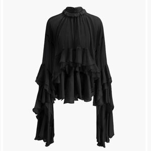 Black Sheer Turtleneck Ruffle Chiffon Blouse